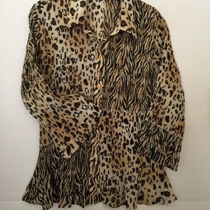 Milano Animal Print Pleated Top Blouse Button Front 3/4 Bell Sleeve